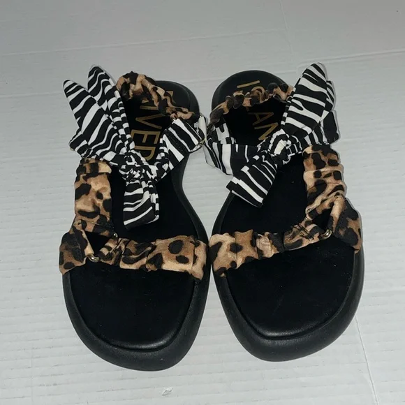 NWT River Island black animal print bow strap sandals size 8 - Picture 1 of 5
